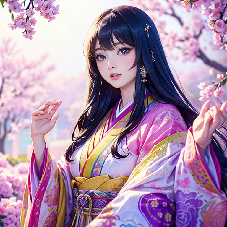 ( High resolution、 Super detailed、masterpiece、Highest quality、8k)、Heian period in Japan、(NHK Taiga Drama、To the Shining One)、Fujiwara Akiko、palace、The Empress of the Palace、Young beautiful woman、Beautiful Face、Beautiful Face、Pretty lips、(12 single coats、Light pink、Light purple、yellow、green、blue、red、White color、Colorful overlapping)、(Full Body Shot)、Long black hair、Jewel Ornament、background、garden、Colorful flowers、Vibrant colors、Detailed Anime、Detailed CG、