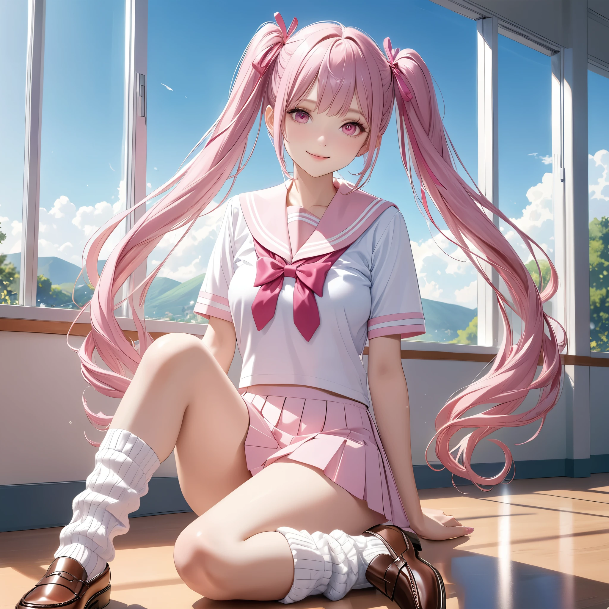 (8K, masutepiece, Best Quality, Official art, beautiful detailed, beautiful lighting, best masterpiece in history that exceeds limits), (1 Girl, Solo), (sixteen years old), (beautiful detailed face), (shiny white skin), (Beautiful big bust:1.3), (thighs, navel), (beautiful detailed pink twin tails hair, Bangs:1.3), (beautiful detailed drooping pink eyes:1.5), (high school uniform:1.3), (patsel pink sailor collar, white short sleeves short length outing shirt, pastel pink pleated skirt, patsel pink ribbon:1.3), (Loose socks, ultra slouchy white boot socks, loafers:1.3), (happy smile:1.2), (Attractive, Look at the camera, cute pose), breathtaking scenery, (ultra detailed realistic Beautiful high school, study, blue sky:1.2),