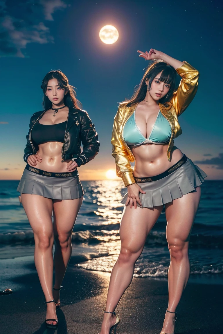 Ultra-high resolution, Realistic, Very detailed, Golden Ratio, Highest quality, Four people are standing full-body shot, (promotional photoshoot), (Are standing), Four people stand on the night beach in high heels, (Four Beautiful female with Exemplary Figures), Beautiful Face, (Realisticな face), (biondeのショートカット:1.3), Korean bionde, bionde, long straight ponytail light brown hair, black hairpin, hair band, Glare, Frowning, Drooling, Long Tongue, Verbal invitation, compensate, Frowning, Frowning, Surrealism, First Person View, First Person View, Wide-angle, Ultra-high resolution, Anatomically correct, Super detailed, 16K, (Four beautiful female standing side by side) (wide thighs), (Very sexy long legs),(body builder girl), (wide muscles), ((sexy abdominal muscles)), (huge breasts),(very voluptuous body),((short grey skirt)),(strapless jacket),(sexy dancing pose),(beautiful sparkle sea background with moonlight effect)