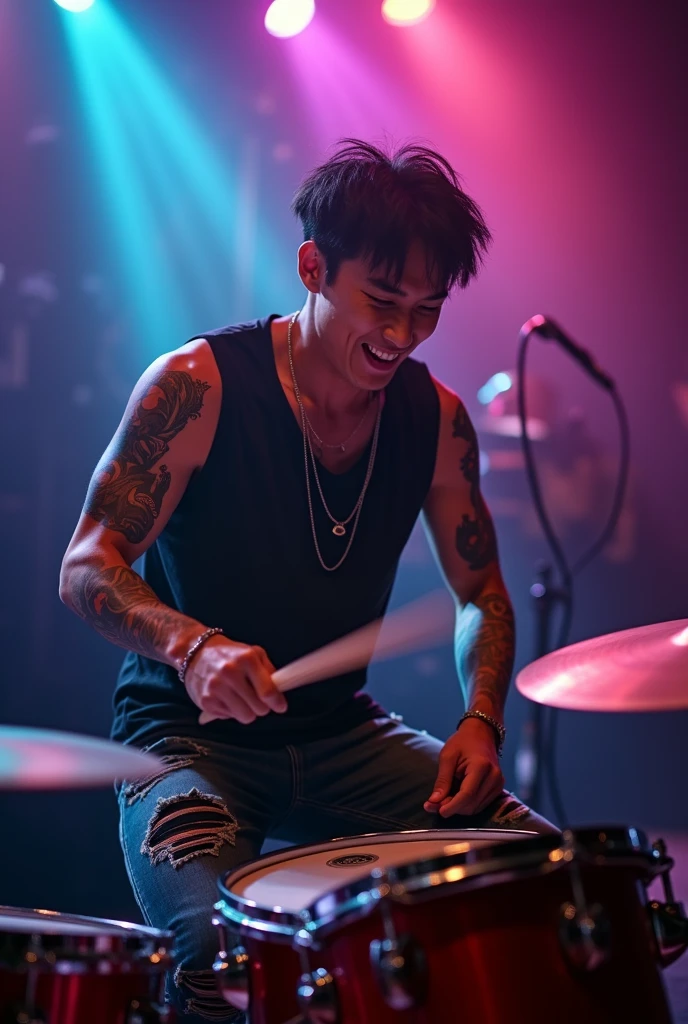 Close up of a handsome Korean drummer, very manly, seen raising his hand holding a drumstick, face energized and looking excited, his eyes looking at the camera, sleeveless black shirt, ripped jeans pants, tattoos, nice body and nice shoulder, low angle shot. Smoke effect and colorful lights in a club. Focus on his face. HDR, Realistic