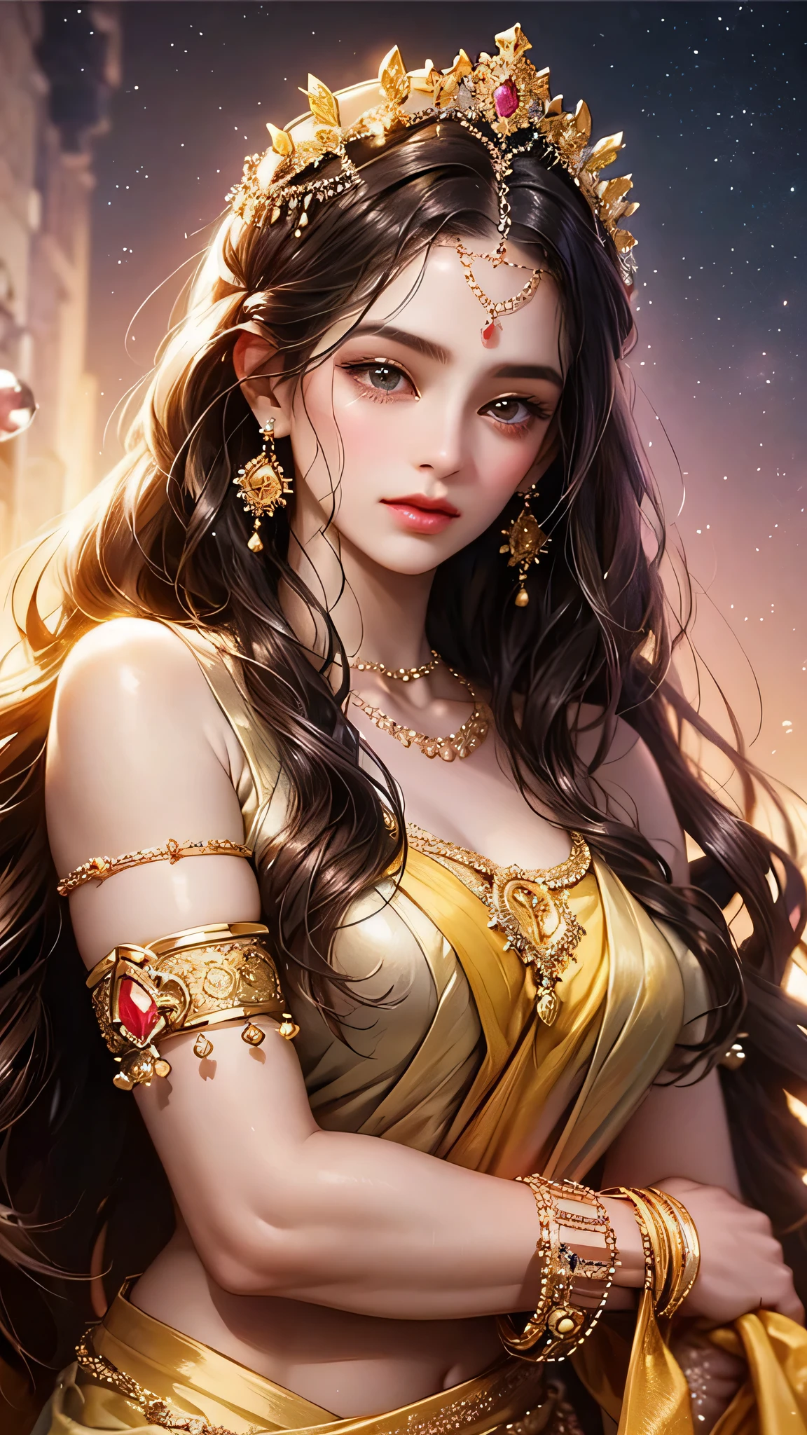 Goddess, very beautiful, animated style, closeup shot, anime in a yellow and pink combination indian saree, long black wavy hair untied, head jewellery, head clips, head chains, head tiara, necklace, long and beautiful earings, armlets, bangles and bracelets, rings, pleasant expression, bright big black eyes, holding a flower, natural beauty, vibrant colors, dreamy, northern light, pink bubble, romantic, soft lighting, vintage aesthetic