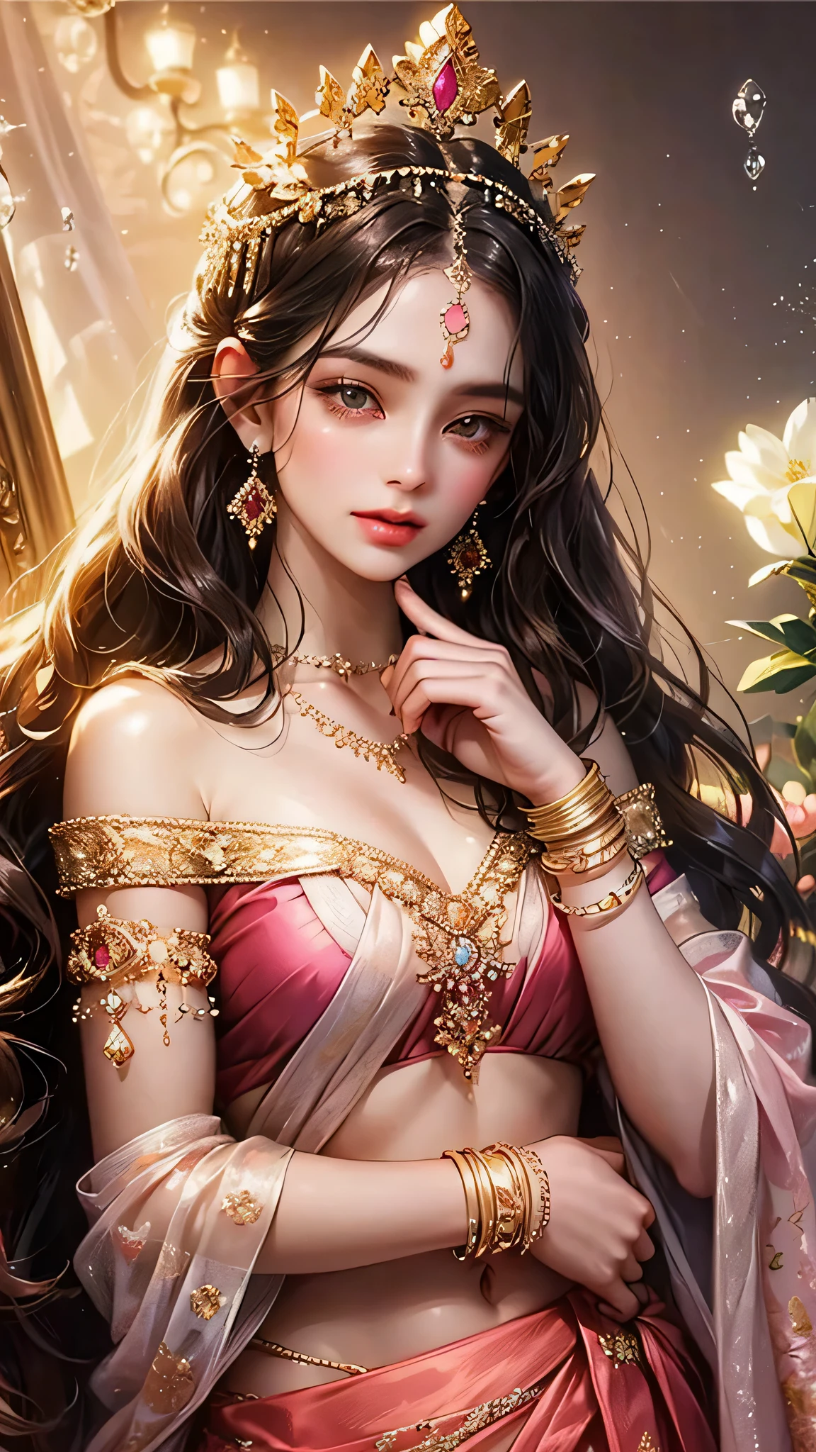 Goddess, very beautiful, animated style, closeup shot, anime in a yellow and pink combination indian saree, long black wavy hair untied, head jewellery, head clips, head chains, head tiara, necklace, long and beautiful earings, armlets, bangles and bracelets, rings, pleasant expression, bright big black eyes, holding a flower, natural beauty, vibrant colors, dreamy, northern light, pink bubble, romantic, soft lighting, vintage aesthetic