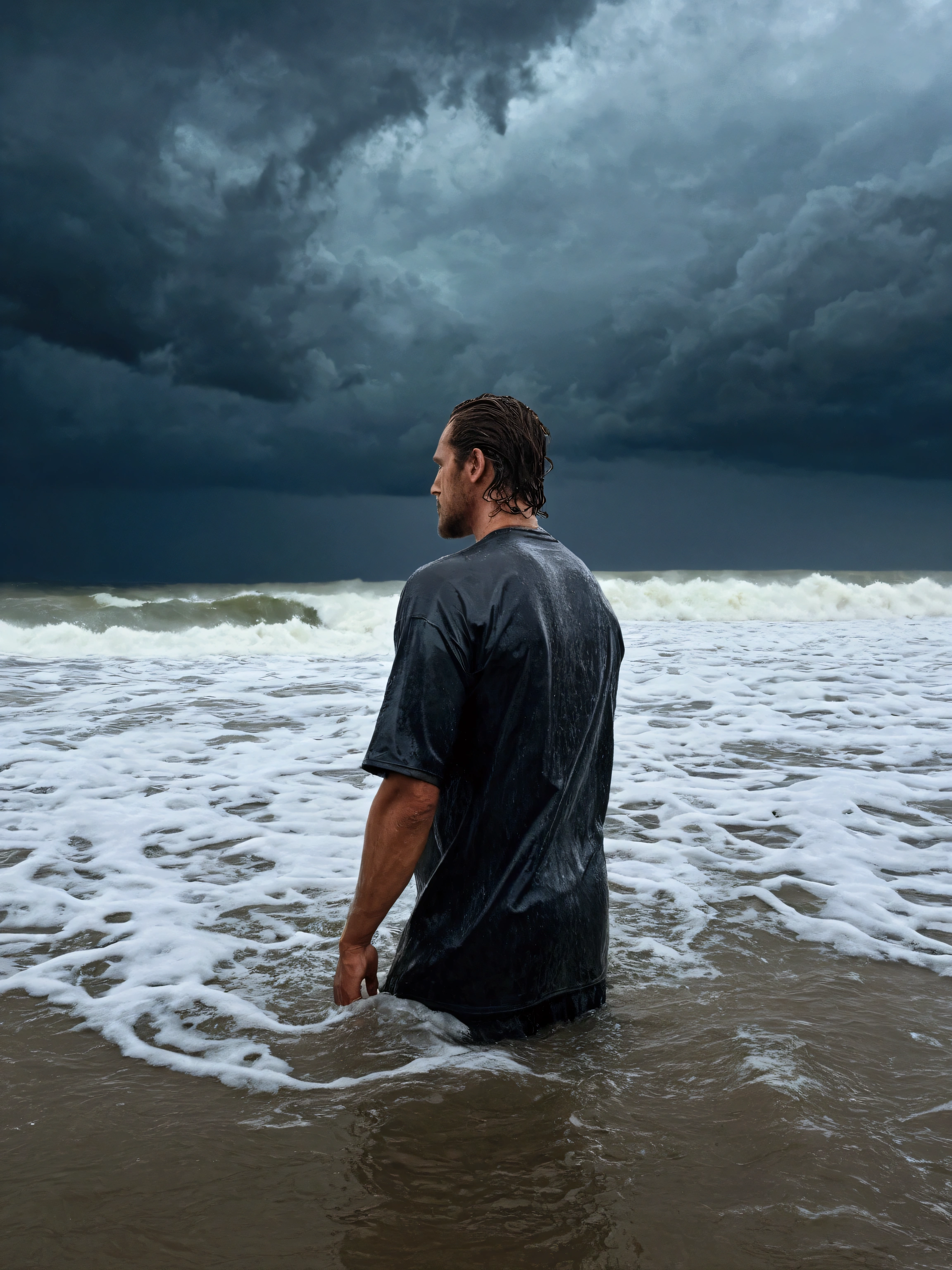 there is a man standing in the water with a surfboard, wet tshirt, the sea and storms behind him, in a sea, wet shirt, in the water, in the sea, in water, in water! up to shoulders, emerging from the water, masterpiece work of art, standing in shallow water, wearing dark maritime clothing, wet t-shirt