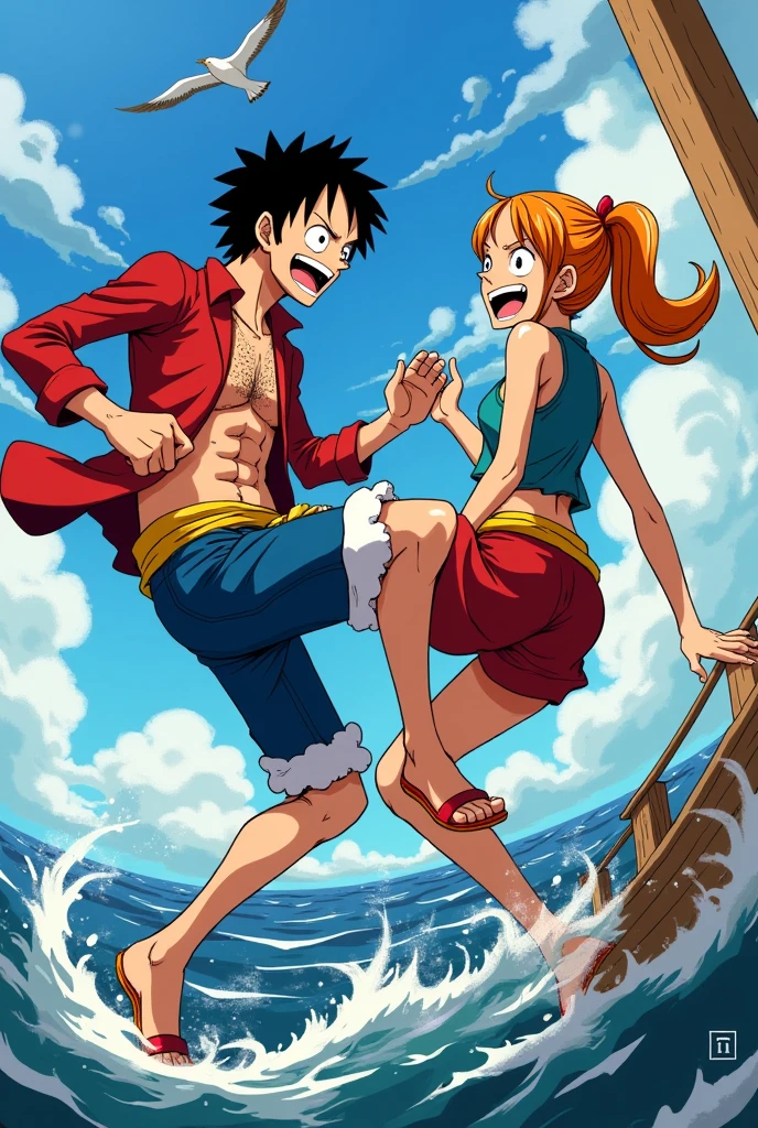 Nami  frappe avec sa jambe entre les jambes luffy sur c’est couille image et dessiner sur le regard de luffy qui voit nami donner le coup de pied 