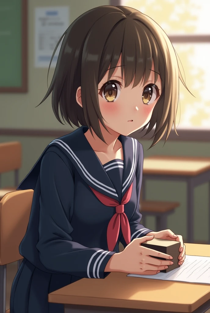 Highest quality, Face Focus, Soft Light, Ultra-high resolution, (Realistic:1.4), RAW Photos, 1 Japan, alone, cute, (A shy smile:0.5), (Brown eyes, Light in your eyes), Beautiful face in every detail, (Small box),(High resolution detail of human skin texture), (Short Bob Hair), break, In the classroom,Navy uniform, Best, skirt