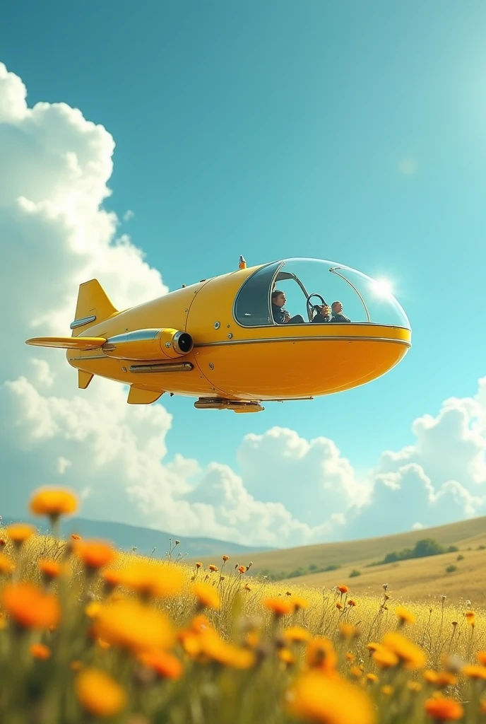 A yellow mothership flies through the sky, cute and mechanical. The cockpit is made of glass, but there are no people inside.