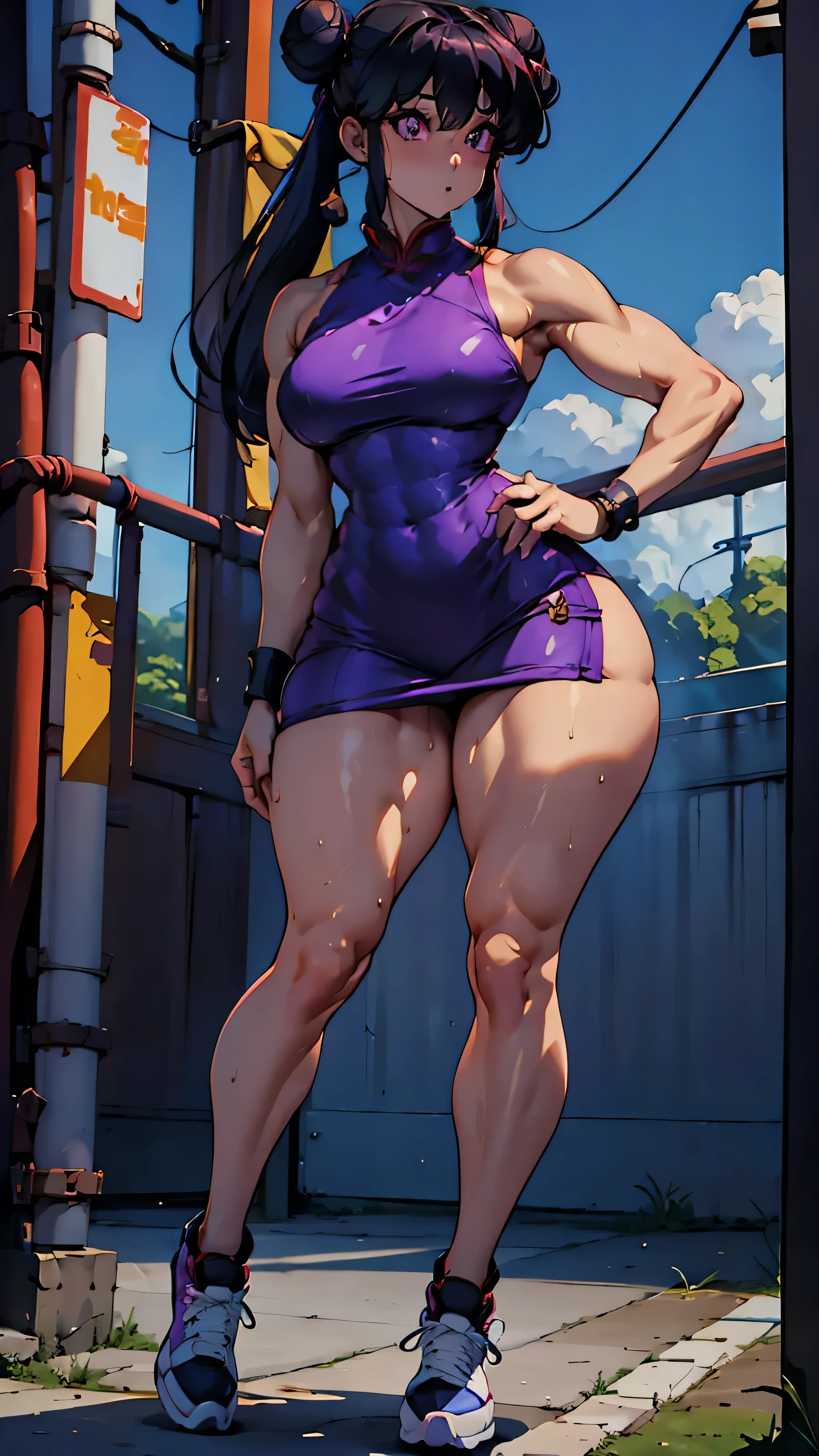 shampoo, Ranma 1/2, , bun head、Purple wide fur, double tail、 . Fitness, muscular, shredded abs, thick thighs, thick calves, sexy legs, thicc thighs, large hips, thin waist, small breasts, high heels sneakers, full body, thick legs, long legs.   sexy, sweating, sweat, tonned body, perfect body, beautiful woman, teasing, full body shot, standing on both feet, extremely long legs, athletic, super sexy, teasing, cute, shy, evil, gesugao, high detailed, masterpiece, super thight mini dress, full body shot, view from below, big round ass, 