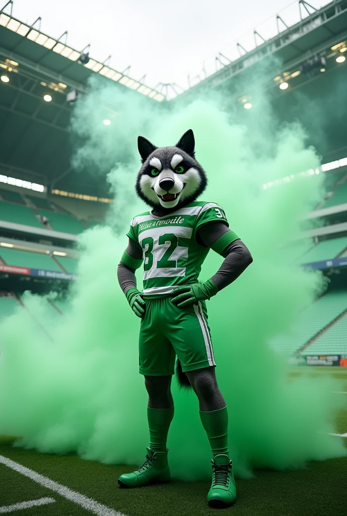 A green and white football stadium with a stylish wolf mascot wearing a green and white striped team jersey. There is smoke in the stadium, modern style stadium with grandstands and the wolf in the background.