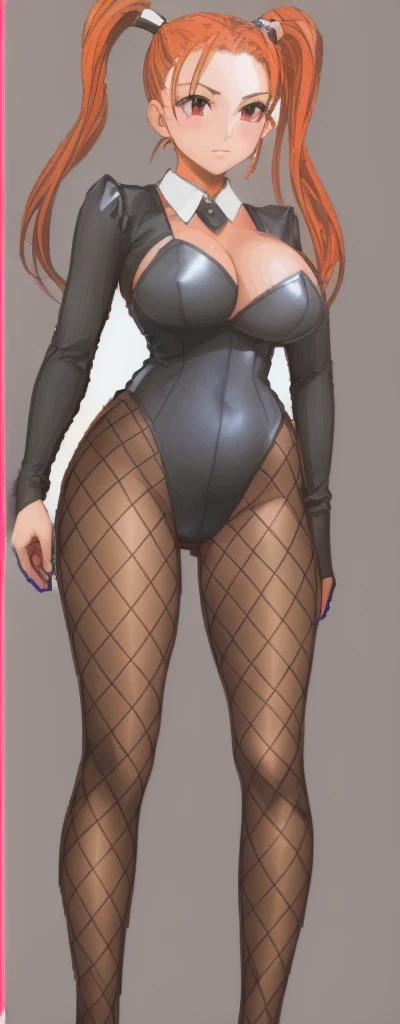 Jessica, with large breasts, beautiful legs, and twintails, is standing with her hands on her hips, wearing a black high-cut bunny suit and fishnet tights.。Angle from behind。