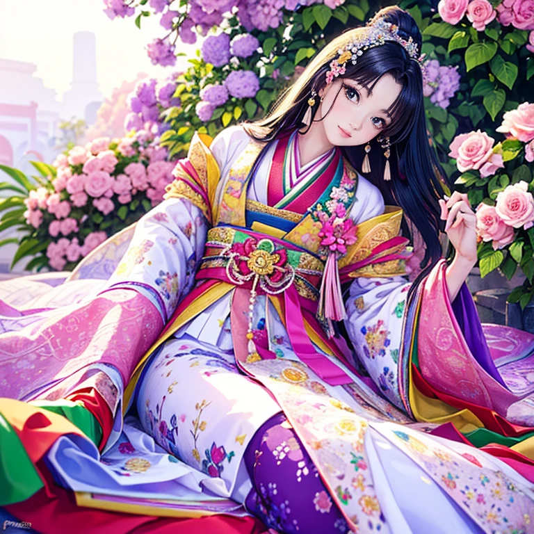 ( High resolution、 Super detailed、masterpiece、Highest quality、8k)、Heian period in Japan、(NHK Taiga Drama、To the Shining One)、Fujiwara Akiko、palace、The Empress of the Palace、Young beautiful woman、Beautiful Face、Beautiful Face、Pretty lips、(12 single coats、Light pink、Light purple、yellow、green、blue、red、White color、Colorful overlapping)、(Full Body Shot)、Long black hair、Jewel Ornament、background、garden、Colorful flowers、Vibrant colors、Detailed Anime、Detailed CG、