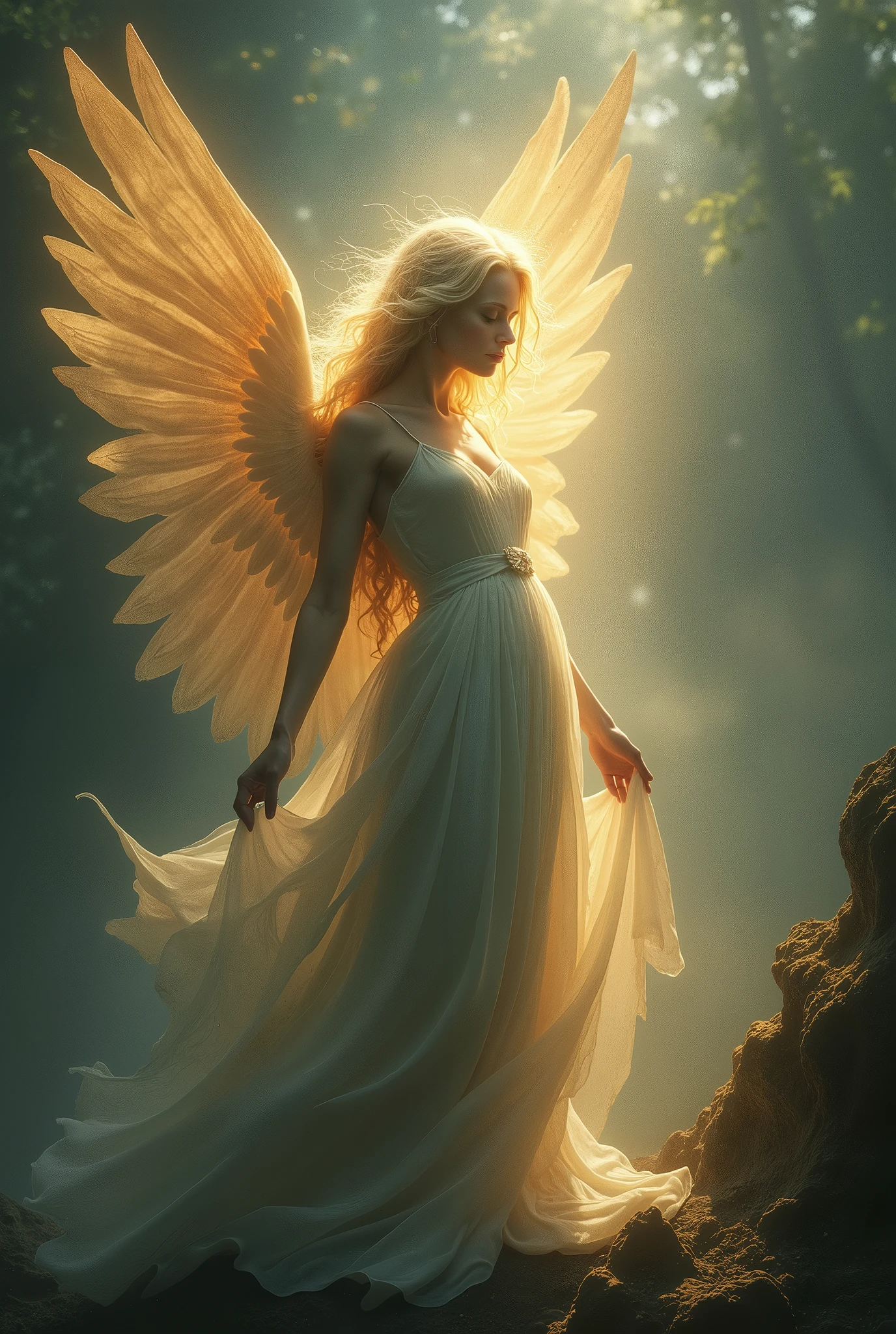 Please create an image of a mysterious and enigmatic angel. This angel should be bathed in an ethereal, radiant light that exudes an aura of celestial mystery and wonder. The angel's pose, setting, and appearance can all contribute to the sense of mystique. Push the boundaries of color, luminosity, and intricate detailing to craft an image that captivates the viewer's imagination and conveys the angel as a divine enigma. Your artistic skills are crucial in bringing this enigmatic angelic vision to life