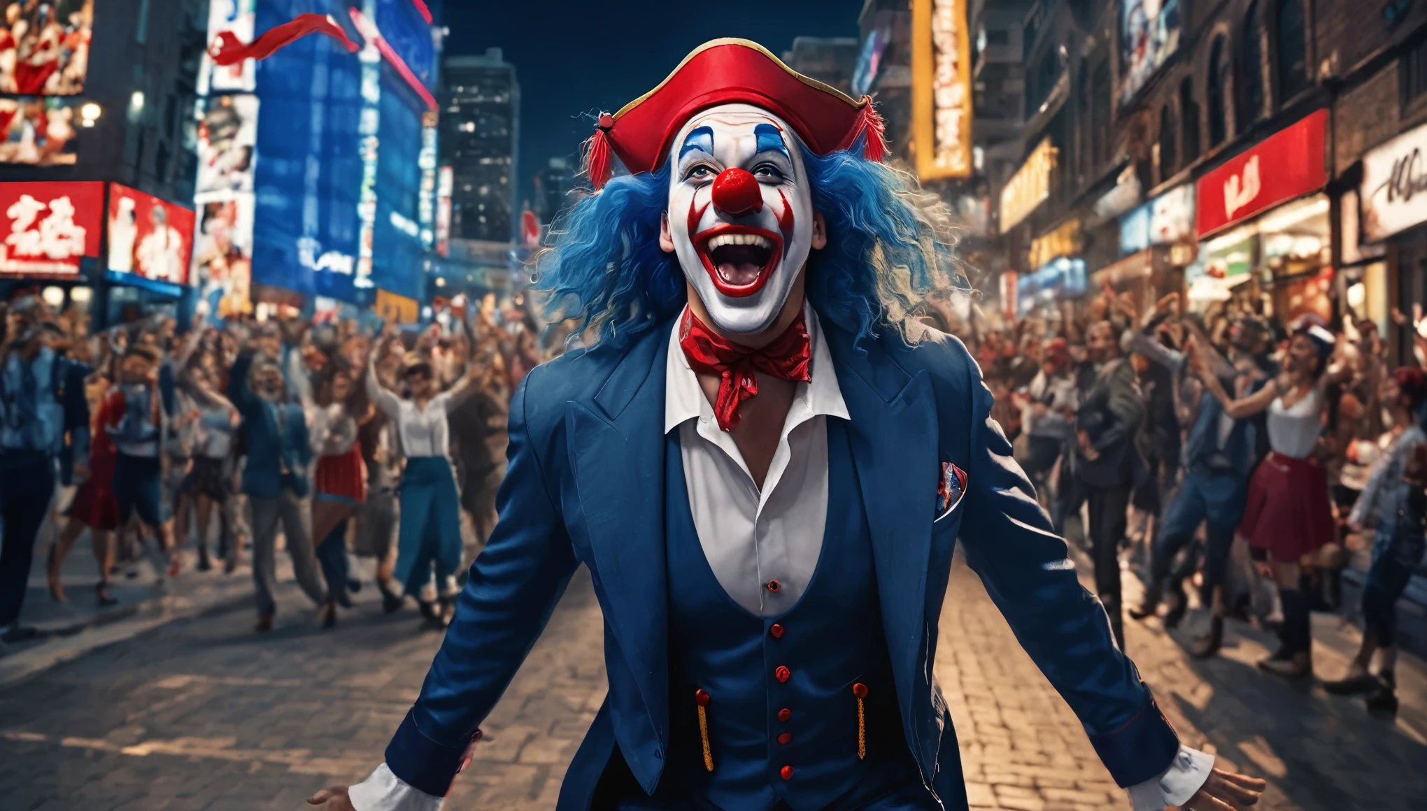 masterpiece, best quality, extremely detailed, hyperrealistic, photorealistic, a cool 40s man, ultra detailed face, clown makeup, red pirate hat, white skin, red nose, blue long hair, wide shot, city, business district, street, in the night, jumping, raising arms, laughing