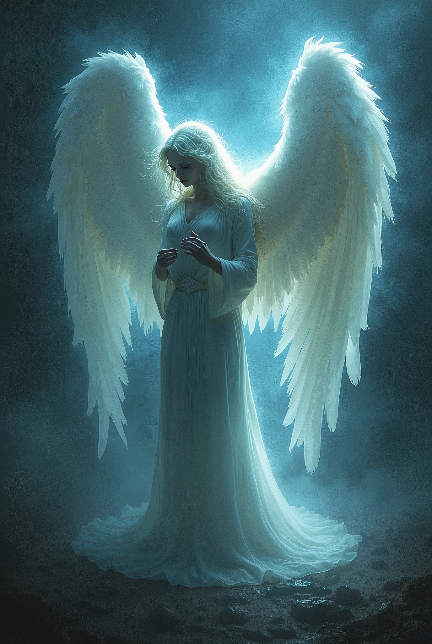 Please create an image of a mysterious and enigmatic angel. This angel should be bathed in an ethereal, radiant light that exudes an aura of celestial mystery and wonder. The angel's pose, setting, and appearance can all contribute to the sense of mystique. Push the boundaries of color, luminosity, and intricate detailing to craft an image that captivates the viewer's imagination and conveys the angel as a divine enigma. Your artistic skills are crucial in bringing this enigmatic angelic vision to life