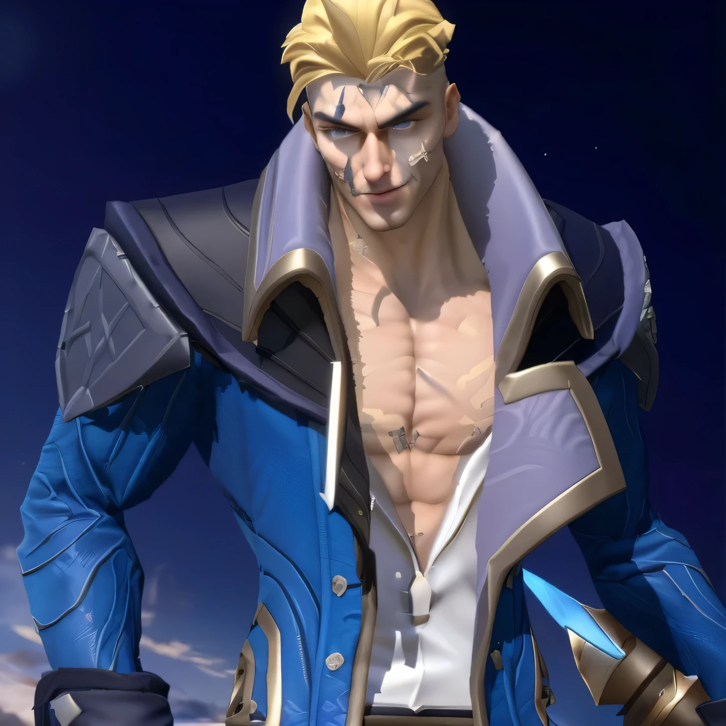 a close up of a man in a blue jacket holding a sword, sylas, inspired by Huang Shen, sigma male, xqc, fighting, male, tane skin, heroic masculine pose, heise jinyao, hero character art, dio brando, casimir art, roguish smirk, sfw version, son of sparda, smile villain, sharp eyes