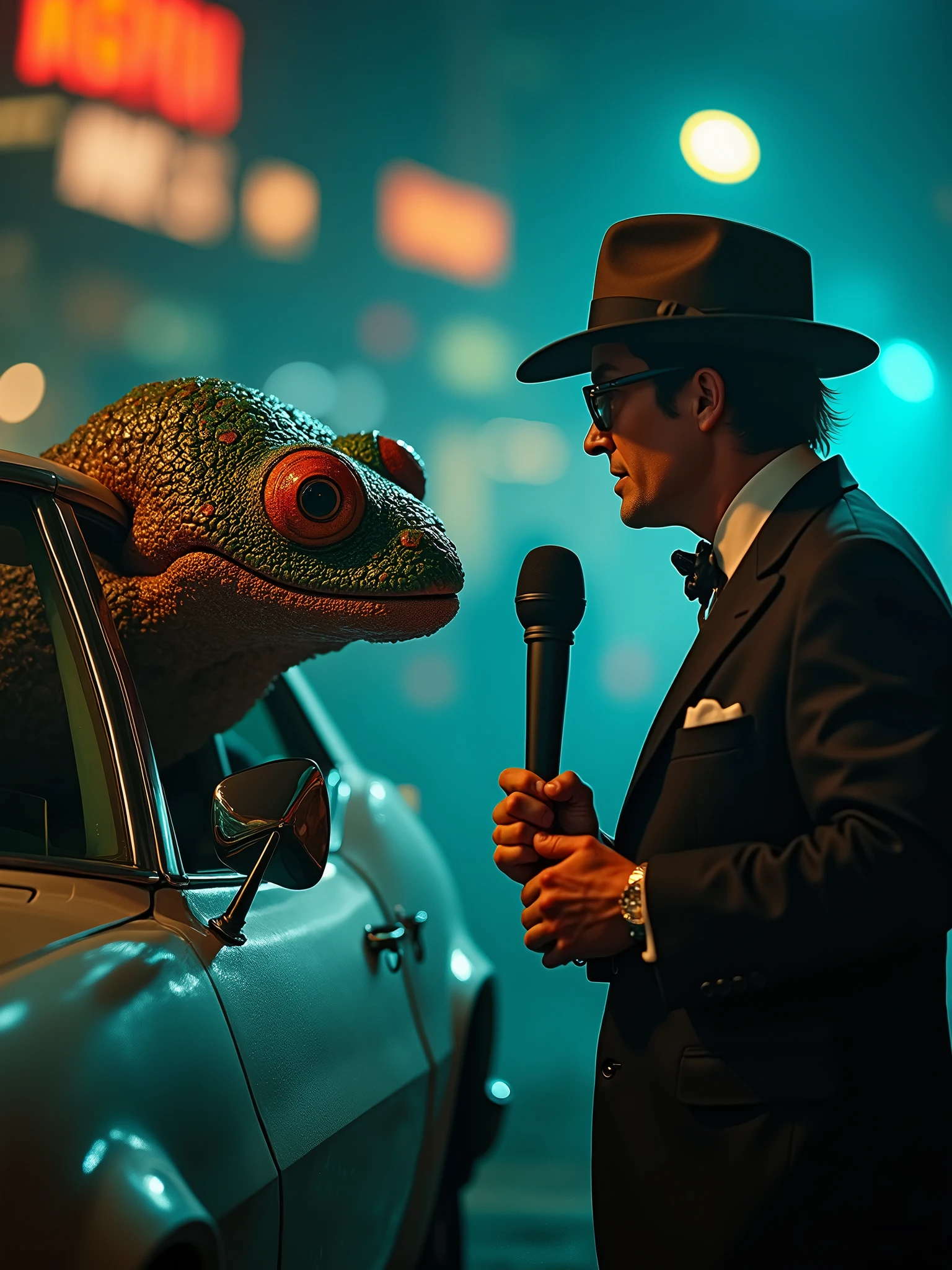 A cinematic still of a three-eyed monster conversing with a journalist through the window of a 1970s classic car. The monster, adorned with intricate details, has a menacing yet curious expression. The journalist, wearing a classic suit and fedora, holds a microphone to capture the monster's words. The background is a blurred, dimly lit cityscape, giving the scene an eerie yet captivating atmosphere., cinematic