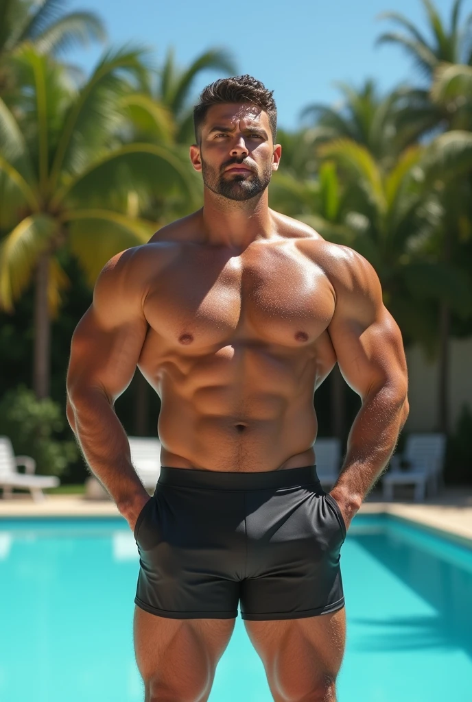 (burly man) Wearing a speedo, sweaty, juicy nipples