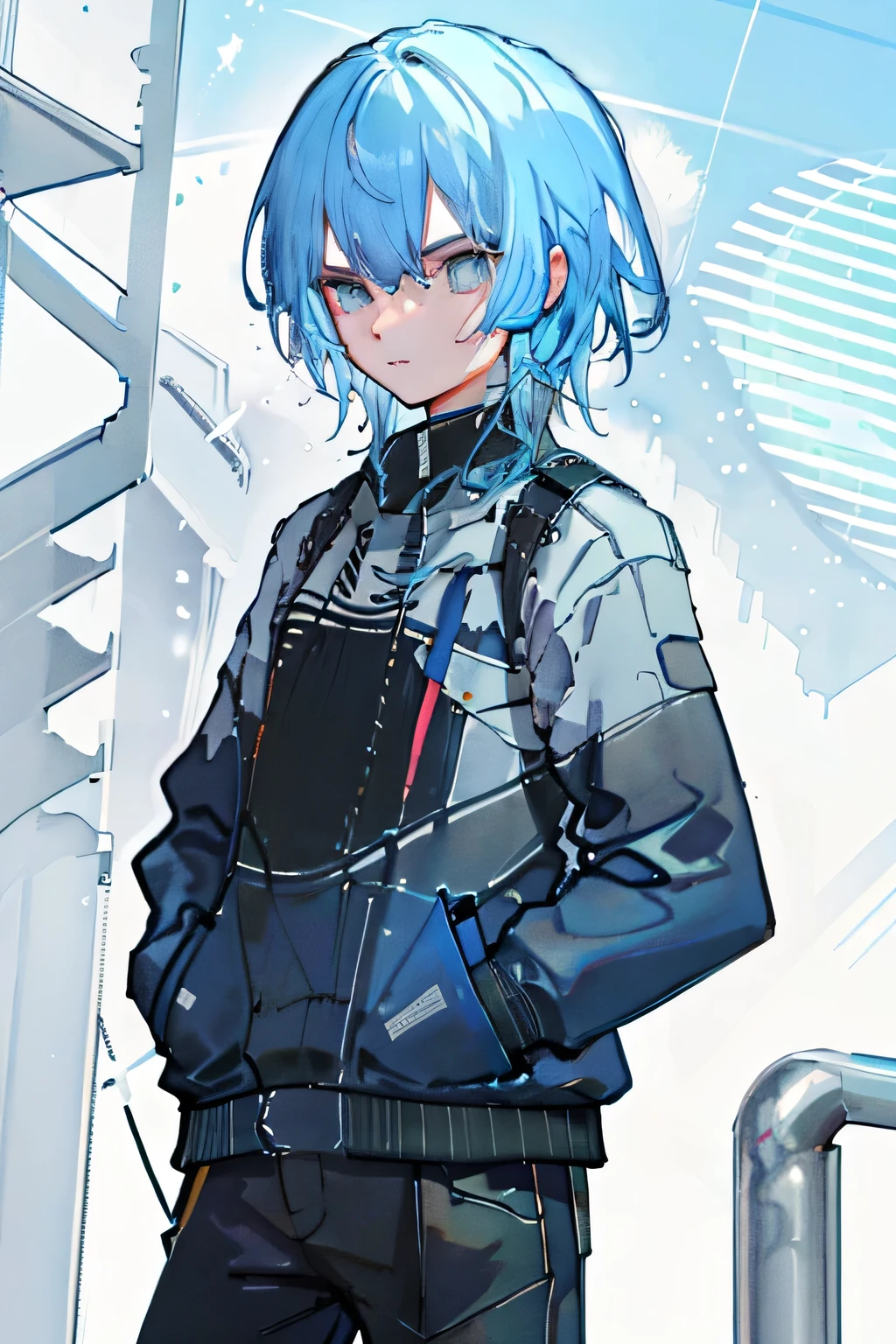 masterpiece, Highest quality, High resolution, wonderful, blue hair, blue eyes, blue track jacket, short hair, hands in pockets,