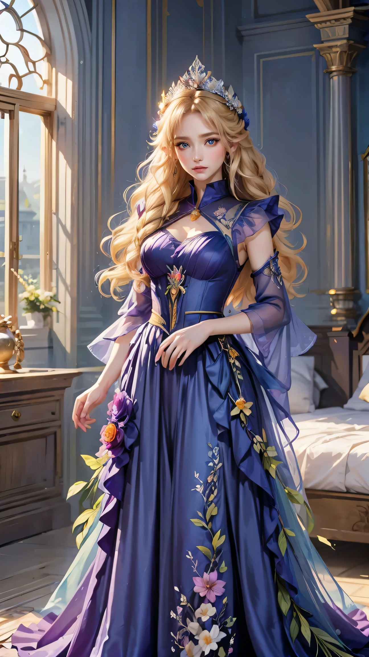 Best quality, masterpiece, ultra high res, raw photo, beautiful and aesthetic, deep shadow, fairy theme,(ultra detailed:1.3),
1girl, standing pose, flower headdress, drill hair, long hair, blonde hair, gradient hair, yellow eyes, solo, huge breasts, big hair, blue hair, divine goddess, looking at viewer, indoors, queen bedroom, empress bed, room full of curtain, astraea, full body, purple dress, fairy dress, transparant dress,