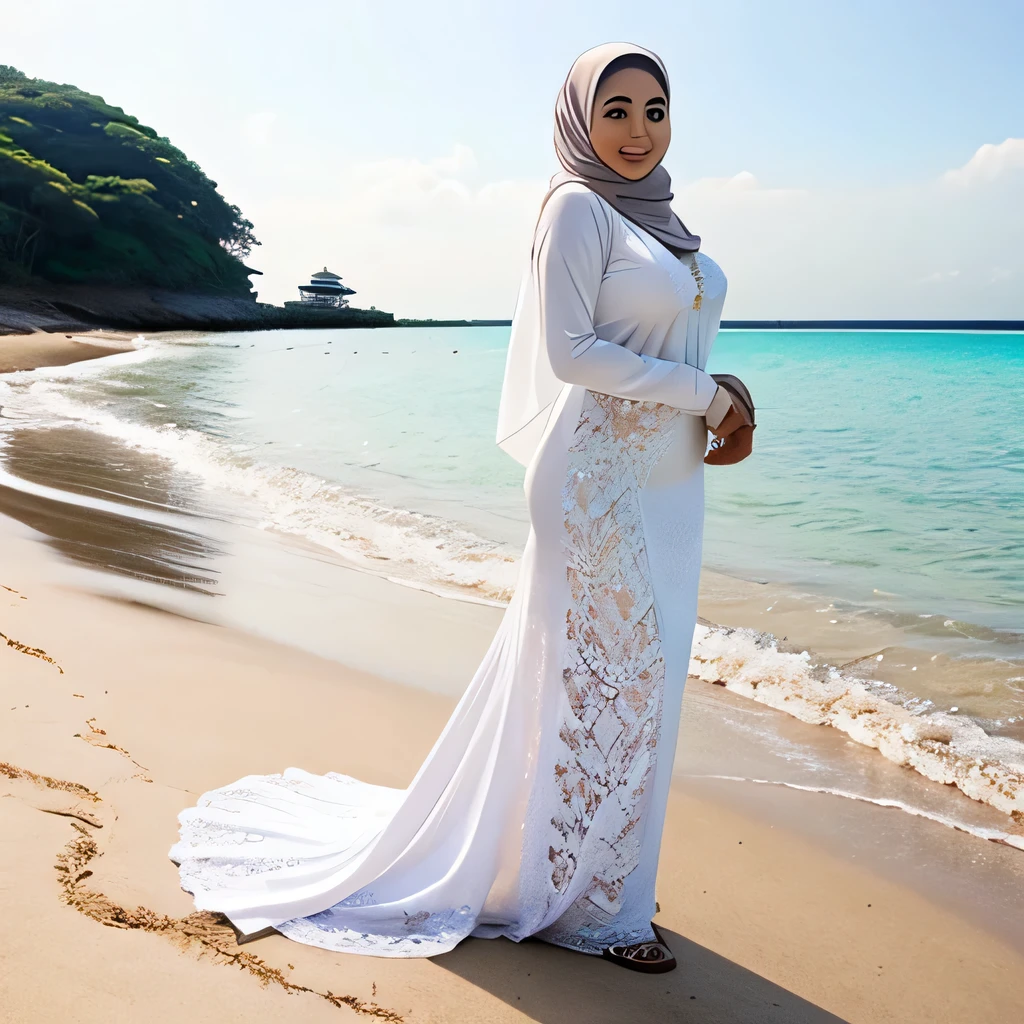 Malay bride, age 20, wearing hijab, standing at a beach, sexy looks, short white dress, huge breast, big buttock, chubby,