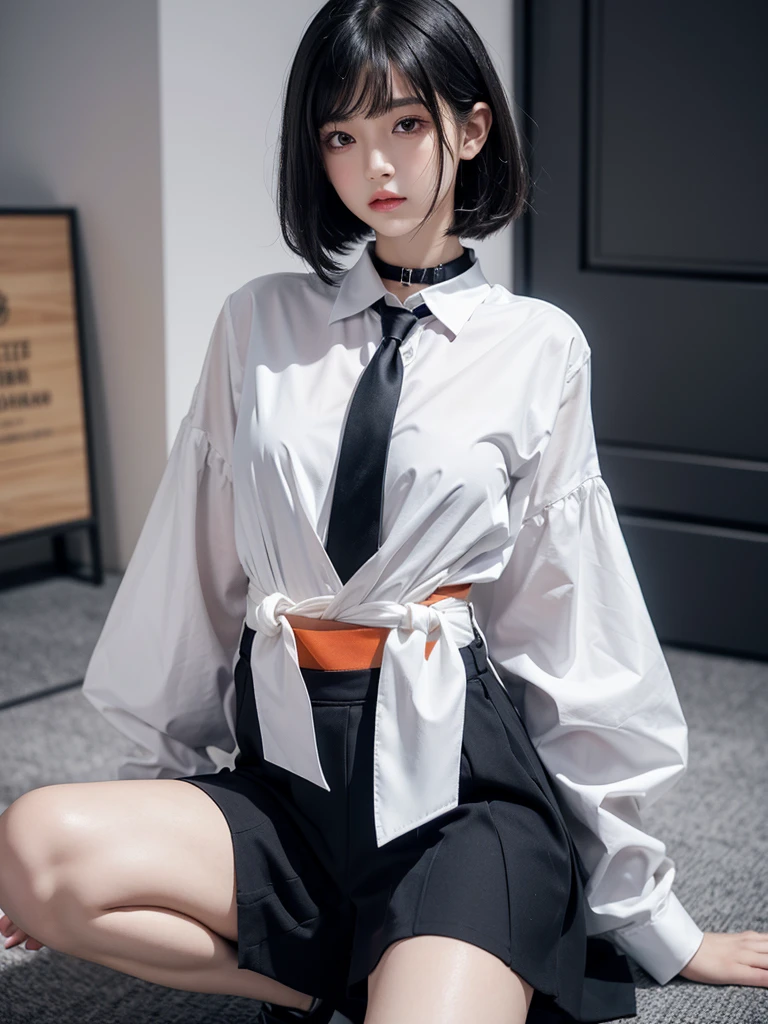 figure fingertips touch lips with one hand while approaching on knees girl is beautiful japanese female and beautiful russian female mixed race only in the face age is 15 features of the whole body black hair medium straight bob cut hair style beautiful small face with short eyelashes boyish eyes only high nose dark blue pupils very thin upper lip milky white skin accurate attractive body shape beautiful bust waist hip s thighs knees legs choker and tie on neck wearing a scool uniform with collar half opend eyes shy face kindly and slightly