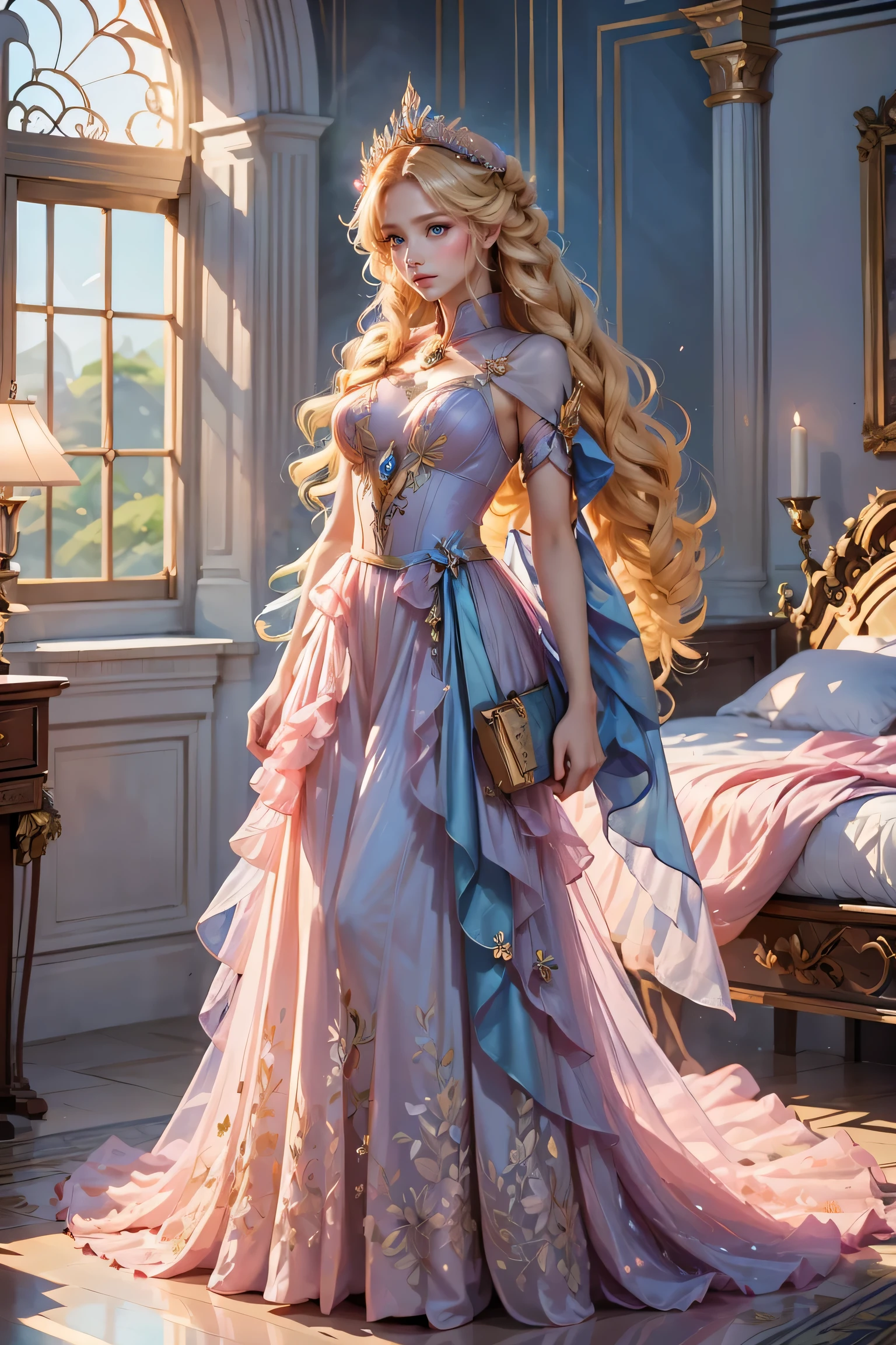 Best quality, masterpiece, ultra high res, raw photo, beautiful and aesthetic, deep shadow, fairy theme,(ultra detailed:1.3),
1girl, dynamic pose, flower headdress, drill hair, long hair, blonde hair, gradient hair, yellow eyes, solo, huge breasts, big hair, blue hair, divine goddess, looking at viewer, indoors, queen bedroom, empress bed, room full of curtain, astraea, full body, pink dress, fairy dress, transparant dress,