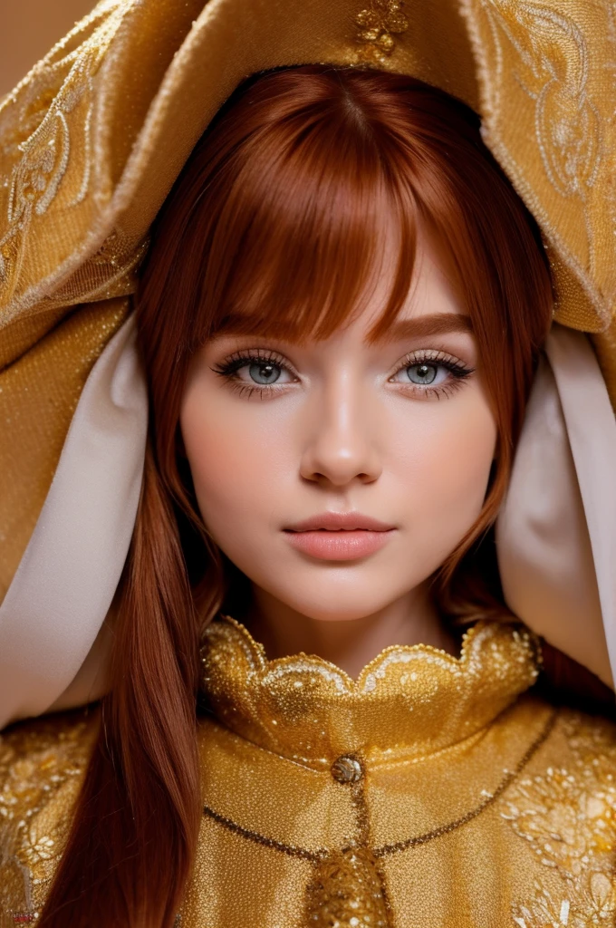 Ginger-haired Russian woman in traditional winter attire, capturing the essence of multiple adjectives such as kind-hearted, warm-hearted, sweet, polite, sensitive, friendly, charming, graceful, stylish, classy, alluring, majestic, ethereal, angelical, long hair framing the face, intricate embroidery on costume, soft glow accentuating gentle facial features, shot in the golden hour light.