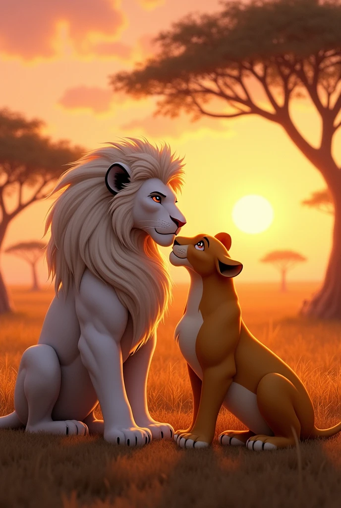 Mufasa(White lion) and his mate Sarabi(Gold lioness) romantic lovely pic