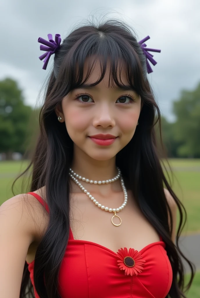 16-year-old Latina teenager. brown eyes and long eyelashes. refined nose and full lips slightly smiling. tanned complexion. black hair. hair tied up with a bow using purple chopsticks. She has a wispy curtain fringe. Her hair falls down her face in loose waves. Wearing a short-sleeved red crop top . She wears a pearl necklace tight against her neck with a red flower at its center. and small pearl earrings. old selfie style looking straight ahead. In a park with a gray sky
