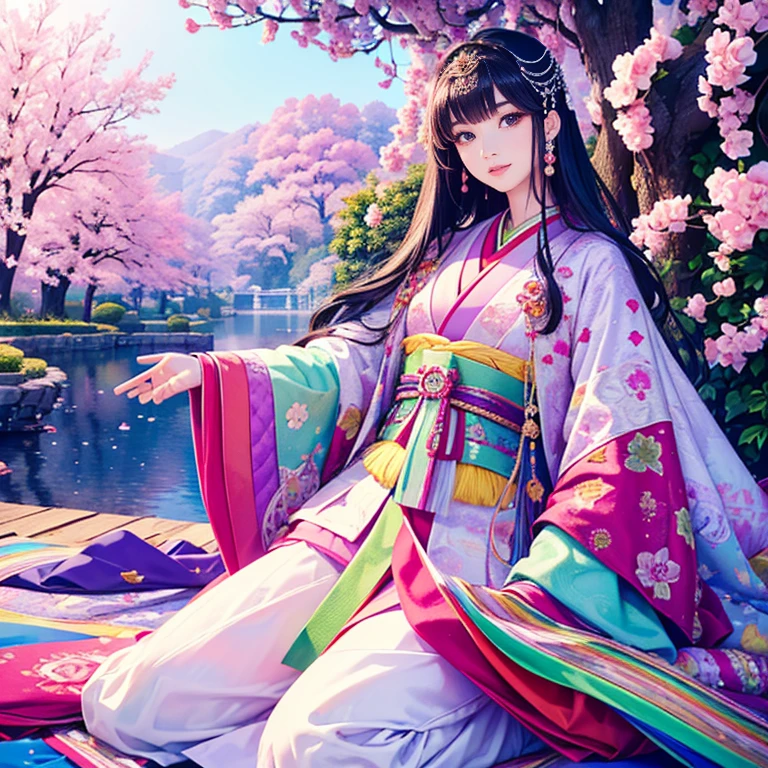 ( High resolution、 Super detailed、masterpiece、Highest quality、8k)、Heian period in Japan、(NHK Taiga Drama、To the Shining One)、Fujiwara Akiko、palace、The Empress of the Palace、Young beautiful woman、Beautiful Face、Beautiful Face、Pretty lips、(12 single coats、Light pink、Light purple、yellow、green、blue、red、White color、Colorful overlapping)、(Full Body Shot)、Long black hair、Jewel Ornament、background、garden、Colorful flowers、Vibrant colors、Detailed Anime、Detailed CG、