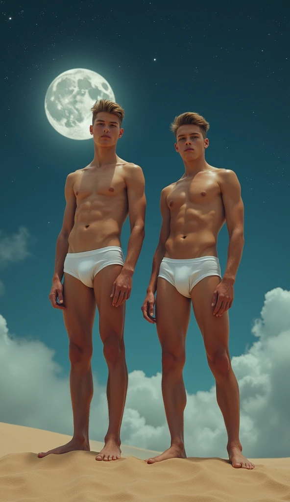 A 2 skinny agers , very young, golden eyes, thick eyebrows, White, ash, red, in the moonlight, wolfcut hair, (dynamic pose), light-skin , wearing an sexy underwear, 8k hd, handsome and cute , white skin , nude underwear bulge , extremely tall , handsome model , (full body), (dynamic pose), white skin , young boy, handsome and extremely cute, white briefs underwear, handsome boy model , at the sand dune, hot pose, stand up , (extremely tall), extremely high , (bulge in underwears), white underwear, long clean and white legs, (male model), work of art, top quality, handsome boy, (perfect body), male beauty, chest muscles exposed, exposed thighs, ((sheer white underwear)), (male focus), (fit body), (full body shot), full body, hairless body, tall and slim body, (skin detailed), Real people, Reality, realistic optics, crazy details, Face model details, Maximum magnification, Exaggerated SurReality, quite, Light and intricate details, High detail, high detail, digital painting, art station, concept art, soft focus , pointy, illustration, unreal engine 5, 8k, art by Ross Tran and Greg Rutkowski and Alphonse Mucha, ultra HD, 8k, male only screen .8k Ultra HD, dslr, low light, high quality, Fujifilm XT3, male fan, model of 2 people, two people, teen, very young, male, wonderful, gorgeous sexy underwear big boner bulge, art, 8k, hd, realistic, ultra realistic, long shot, wide view, extremely tall, standing, legs clean, model, looking at camera, beautiful face, (beauty young face), shirtless, visible abdomen, hot guy, shining stars in night sky, mist, wet,