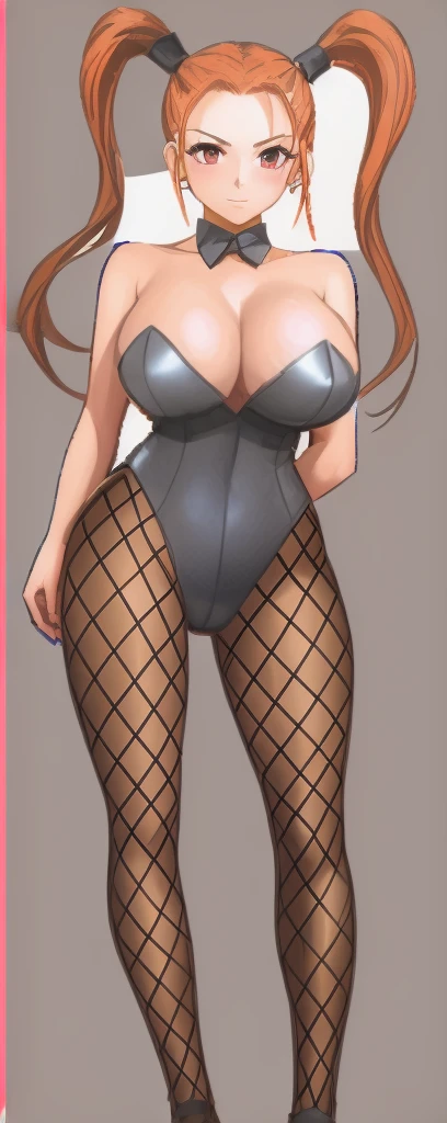 Jessica, with large breasts, beautiful legs, and twintails, is standing with her hands on her hips, wearing a black high-cut bunny suit and fishnet tights.。Angle from behind。