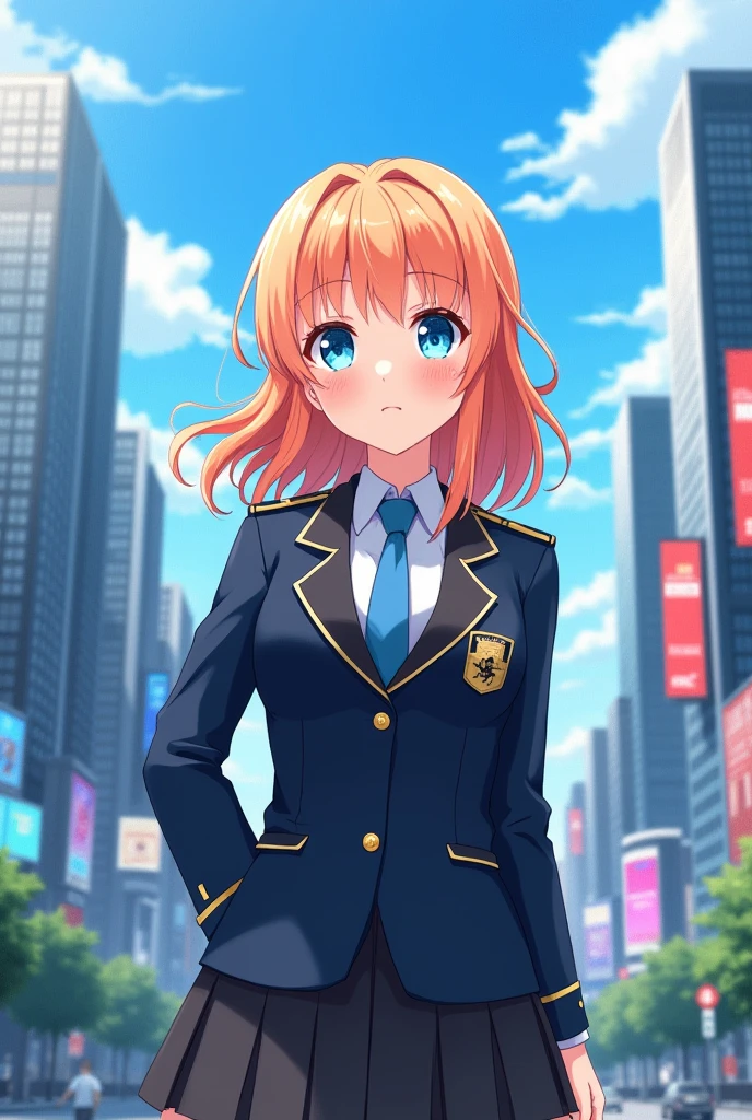 16 year old anime girl in a government uniform with strawberry blonde hair and sea blue eyes. She gives pretty and sweet vibes