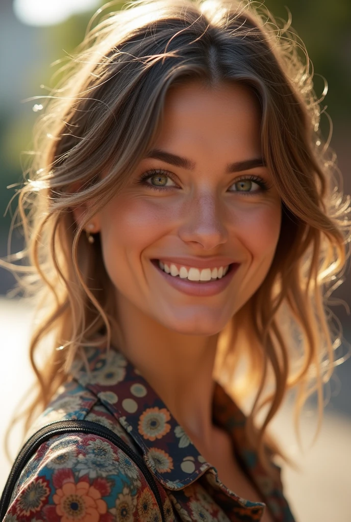 ((Masterpiece, Top image quality, high resolution、alone、skin shiny))(on the table, best quality, current, super detailed, meticulous, high resolution, 8k wallpaper), Close-up portrait of a beautiful woman, like, smiling, light brown messy hair, Perfect dynamic composition, Beautiful and meticulous eyes, Just like the cover of a fashion magazine, on campus，Gorgeous costumes，hot stamping clothing，