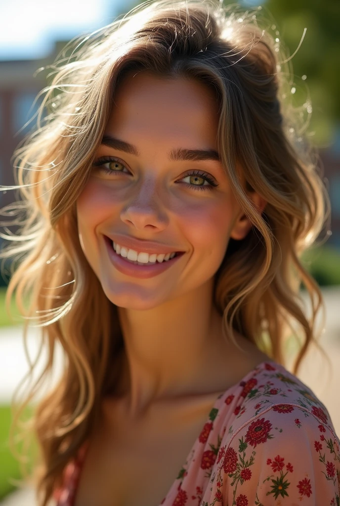 ((Masterpiece, Top image quality, high resolution、alone、skin shiny))(on the table, best quality, current, super detailed, meticulous, high resolution, 8k wallpaper), Close-up portrait of a beautiful woman, like, smiling, light brown messy hair, Perfect dynamic composition, Beautiful and meticulous eyes, Just like the cover of a fashion magazine, on campus,Gorgeous costumes,hot stamping clothing,