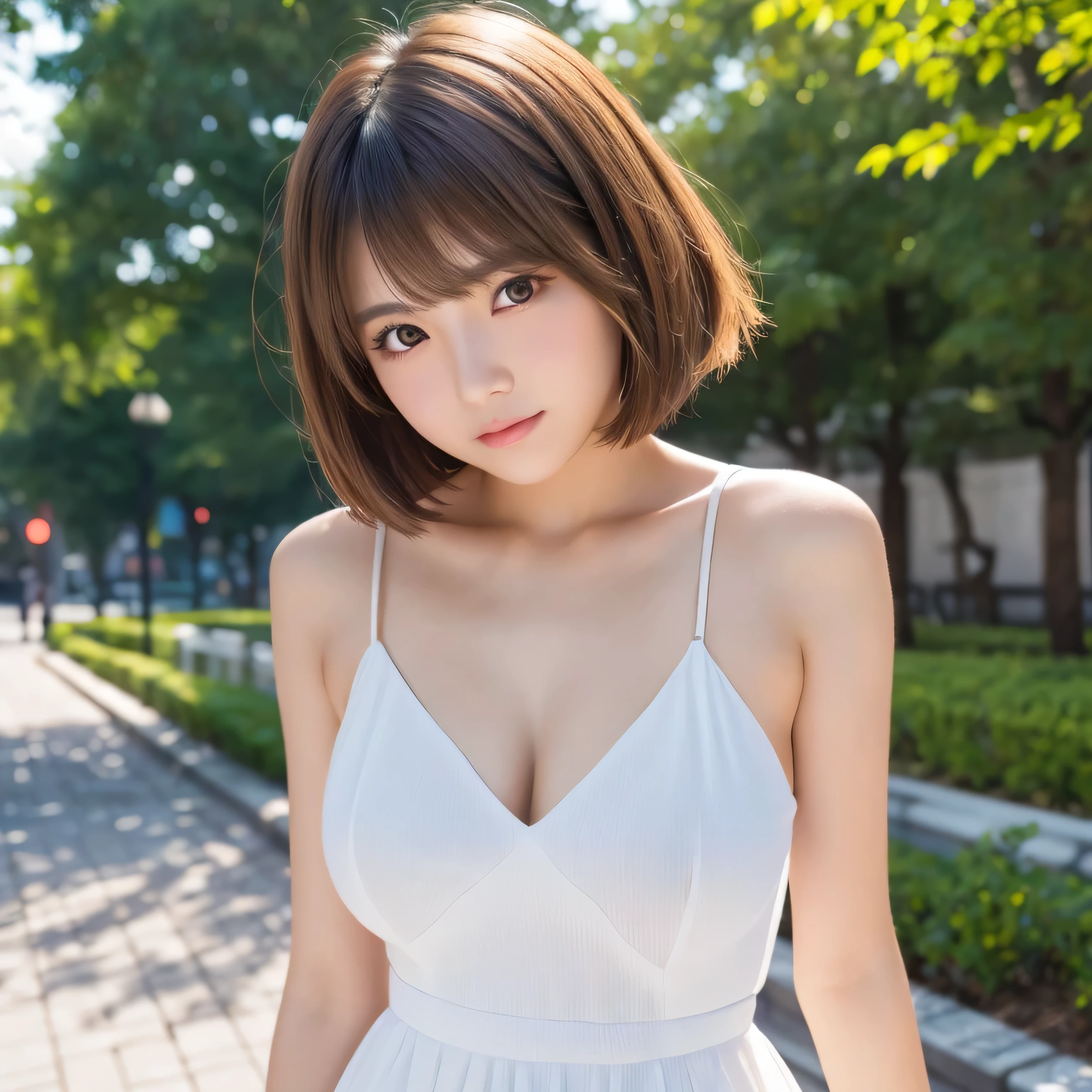 masterpiece, 1 beautiful girl, upper body, detailed eye, puffy eyes, top-quality, ultra high resolution, (8K), (reality:1.4), daytime, at park, cinematic lighting, asian beauty, super beauty, beautiful skin, body facing forward, (hyper-realistic), (highly detailed), (beautifully detailed eyes), detailed face, bright lighting, professional lighting, looking at viewer, facing straight ahead, cute dress, idol stage costume, light brown hair, bangs, short bob hair, brown eyes, Japanese idol, Korean idol, gravure idol pose, (accurate anatomy:1.1),