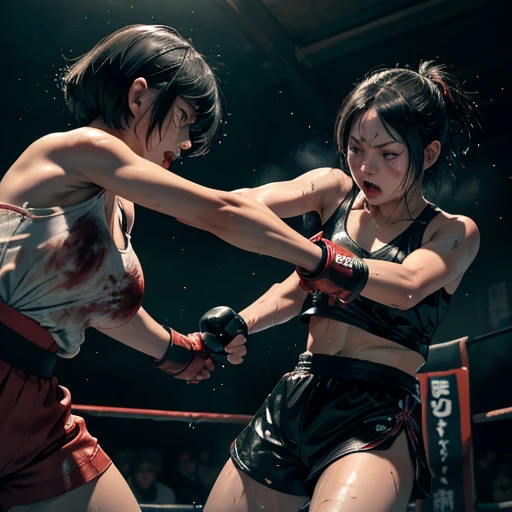 A fierce exchange of dynamic punches and kicks. they are beating each other so hard. bloody beautiful Japanese female slaves are fighting. survival battle. whole body picture. they are covered in scars and bruises. they are damaged terribry. Short-cut black hair, out of breath, drooling from mouth, one eye is closed, exhausted, drenched in sweat.