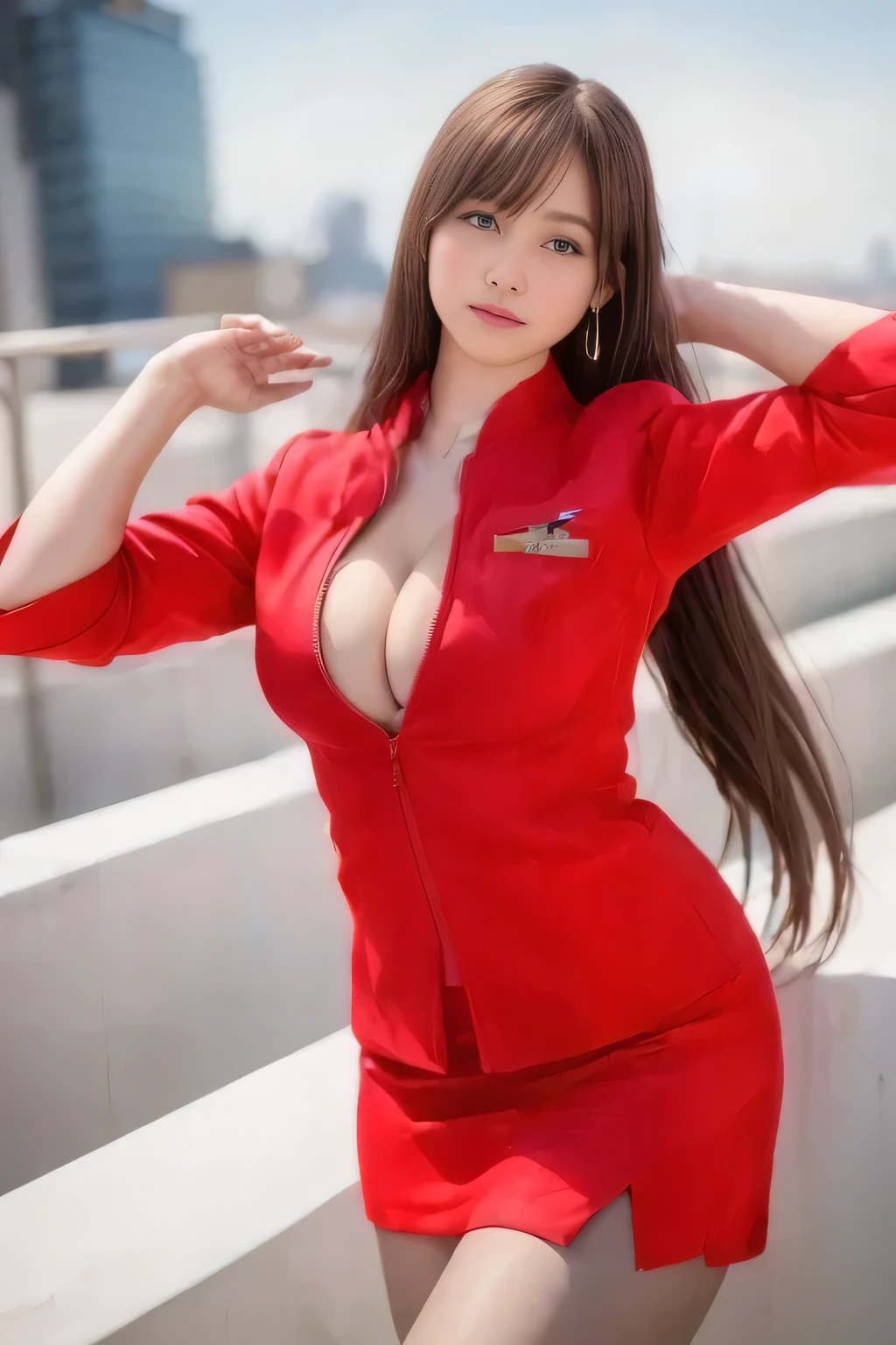 (Highest quality, masterpiece:1.2), (Realistic, photo Realistic:1.4),（AirAsia stewardess uniform realistic style）, A proper woman, Beautiful Face, Brown Hair, (Long hair down to the legs), (Red jacket, Unzipped jacket, Unbuttoned white shirt, Red mini skirt, pantyhose),（Showing big boobs through cleavage in unbuttoned white shirt）、Perfect slim body, Huge breasts, huge breasts cleavage, Detailed skin texture, Beautiful Eyes, (Attractive look), necklace、Earrings, On the roof of a building, Rooftop at daytime,Blue eyes、Keep your hands down、Super long hair down to the legs,Strong winds are blowing、Super long hair down to the legsを風になびかせる