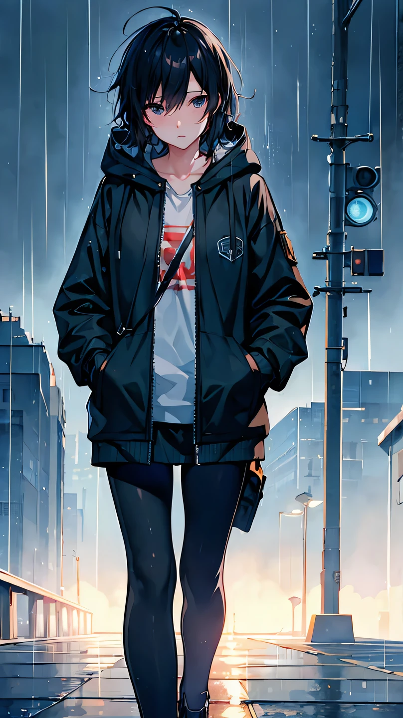 One person, Jacket, rain, Outdoor, hoodie, open Jacket, Lock, Backpack, Look at other people, Messy Hair, Trending on Art Station, 8k resolution, Very detailed, Anatomically correct, Clear images, Digital Painting, Concept Art, Topics on pixiv, Makoto Shinkai's Style,