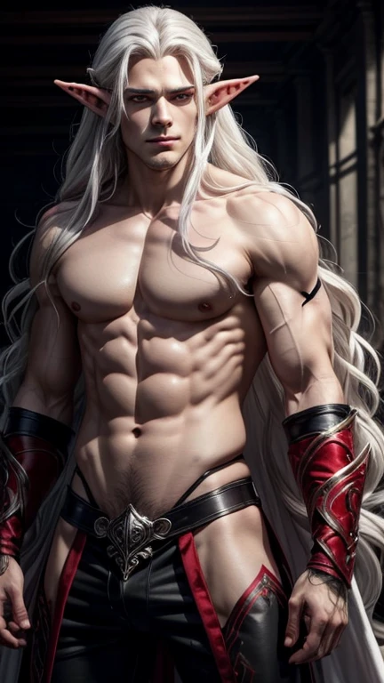 An elf man with a defined body, gray skin, long wavy white hair, piercing red eyes, perfect attractive face with sexy black BDSM costume, impressive MASTERPIECE , best qualityer