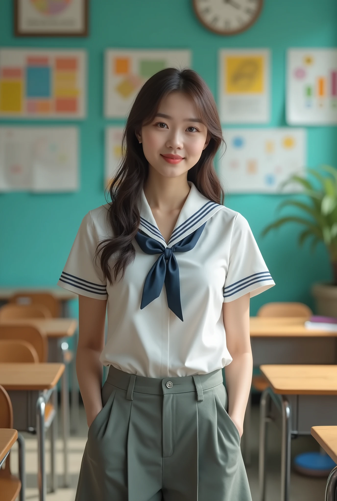 25-year-old woman, Mature Woman, ((In the classroom)), ((school uniform)), RAW Photos, (photoRealistic: 1.37, Realistic), Highly detailed synthetic CG 8K wallpaper, One person, (((Perfect body: 1.1)), (Medium chest: 1.2), Looking at the audience, (((Straight from the front)))), (high qualityスキン:1.2, Glowing Skin), 8K Ultra HD, Digital SLR, Soft lighting, high quality, Film Grain, Fujifilm XT3, ((whole body:  0.8)), (Professional Lighting:1.4) ,