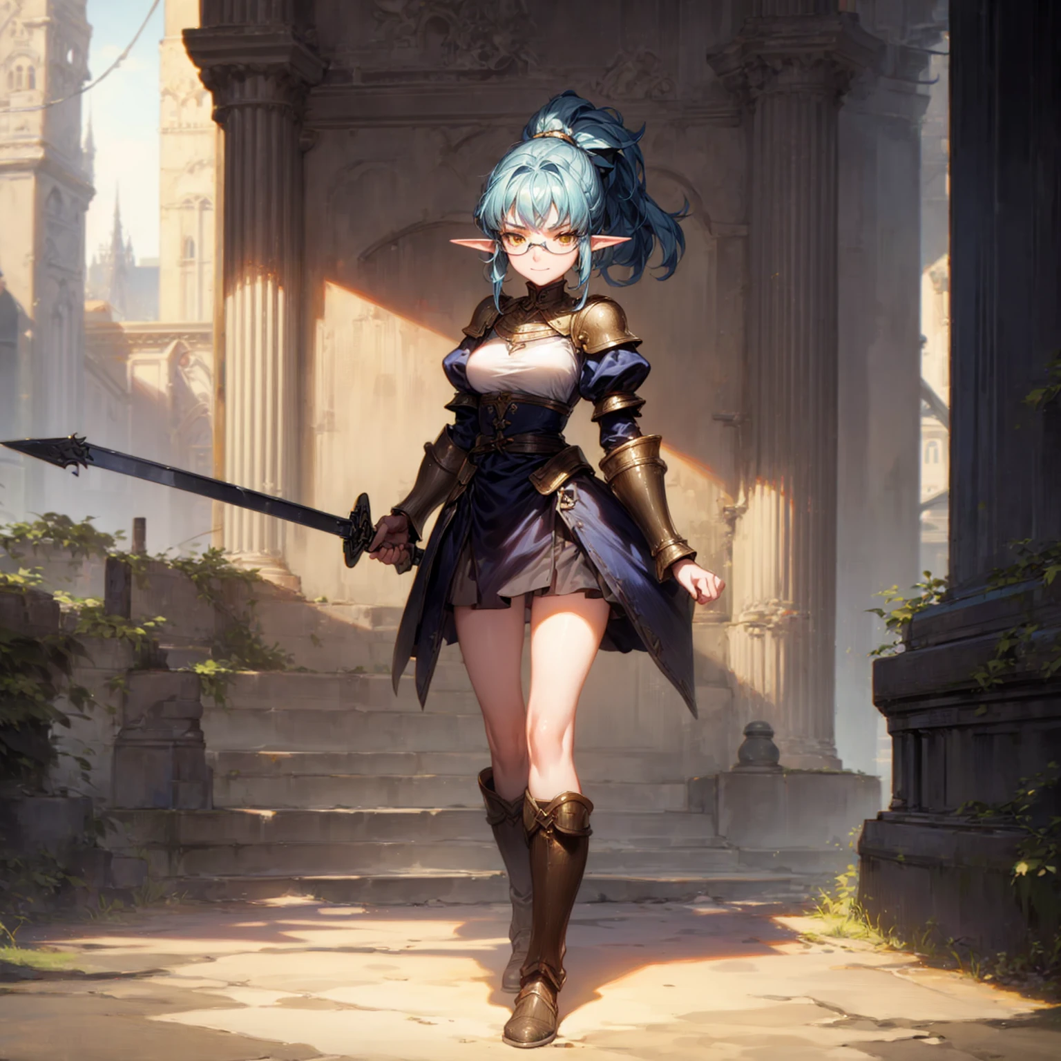Solo character, full body version, old girl, (elf), glasses, yellow eyes, blue color hair, long Curly haircut, ponytail, black dress Victorian, short dress, boots, outdoor, town, medieval, standing gesture, detailed background, detailed clothing, detailed hair, (Hunter x Hunter style art), sad eyes, smile mouth, sword in hand, big breast, heavy armor,
