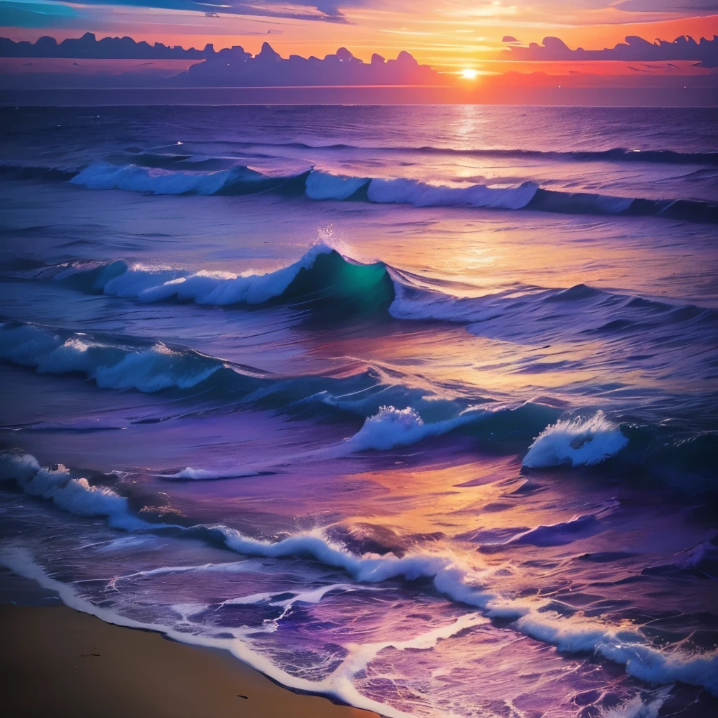 a purple and blue sunset over the ocean with waves, beautiful vibrant colors, beautiful colors, stunning colors, gorgeous colors, magical colours and atmosphere, breathtaking colors, amazing colors, magical colors and atmosphere, beautiful colours, vividly beautiful colors, amazing colours, moody beautiful colors, beautiful colorful, dreamy colors, very vibrant colors, colorful glow, vibrant moody colors