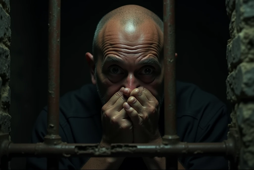 A bald man with a worn expression stares out from behind rusty prison bars, his face partially illuminated by a dim light in the background. After a few moments, the man covers his face with his hands and begins to cry silently. The camera slowly zooms in on his eyes before he covers them, capturing the depth of his despair. The environment is cold and uninviting, with the sounds of distant echoes adding to the sense of isolation.