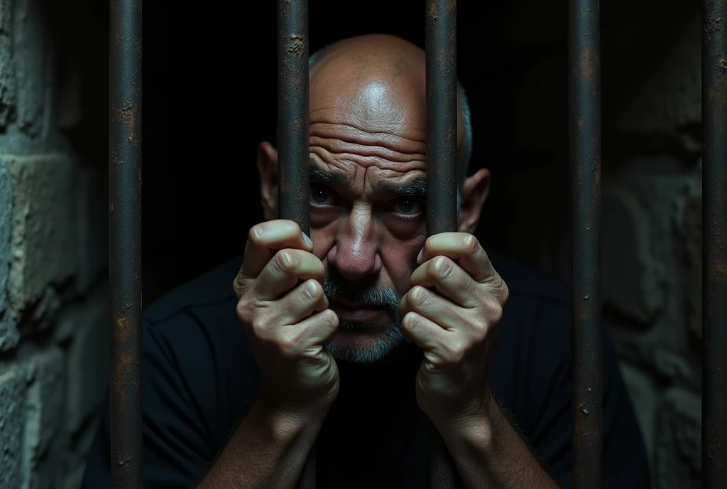A bald man with a worn expression stares out from behind rusty prison bars, his face partially illuminated by a dim light in the background. After a few moments, the man covers his face with his hands and begins to cry silently. The camera slowly zooms in on his eyes before he covers them, capturing the depth of his despair. The environment is cold and uninviting, with the sounds of distant echoes adding to the sense of isolation.