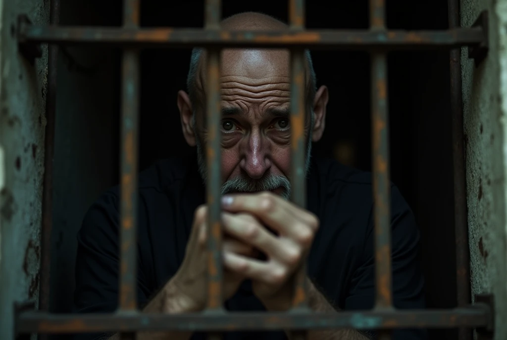 A bald man with a worn expression stares out from behind rusty prison bars, his face partially illuminated by a dim light in the background. After a few moments, the man covers his face with his hands and begins to cry silently. The camera slowly zooms in on his eyes before he covers them, capturing the depth of his despair. The environment is cold and uninviting, with the sounds of distant echoes adding to the sense of isolation.