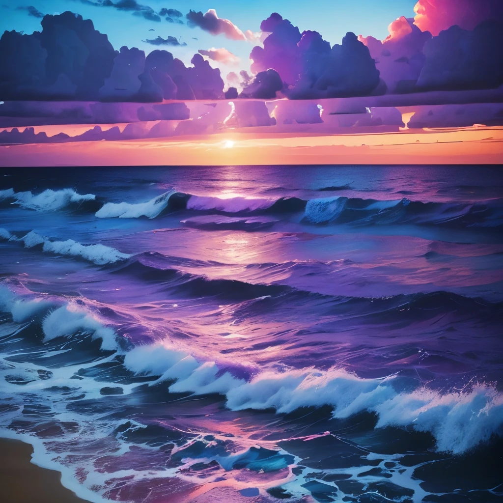 a purple and blue sunset over the ocean with waves, beautiful vibrant colors, beautiful colors, stunning colors, gorgeous colors, magical colours and atmosphere, breathtaking colors, amazing colors, magical colors and atmosphere, beautiful colours, vividly beautiful colors, amazing colours, moody beautiful colors, beautiful colorful, dreamy colors, very vibrant colors, colorful glow, vibrant moody colors