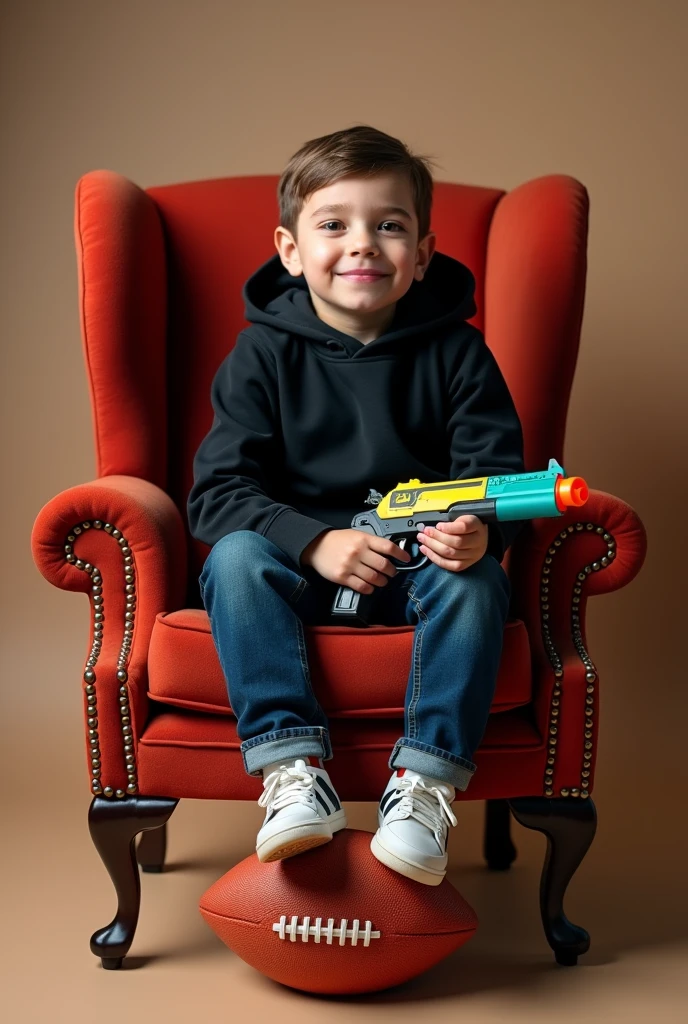 Create a 3D illusion for a profile picture where a  cute boy in a black hoodie Sitting casually on a Wingback chair. Wearing sneakers, with a lolipop in mouth and a football under foot and a toy pistol in hand with the name of Huzaifa 