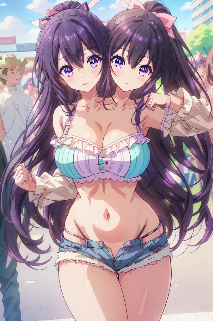 tohkayatogami, tohka yatogami casual, (three heads) (3heads:1.5), (beautiful eyes:1.5), (detailed eyes:1.5), smiling, shy smile, open belly, huge breasts, open breasts, adult woman, matured female, three headed girl, long hair, purple hair, alluringly smile, tight crop tops, white top, thin fabric ,mid rifts, long sleeves , U neck, ribbon , (purple eyes:1.1), hair ribbon, ponytail, purple hair, white ribbon, huge breasts, plump butt, shorts, hand on pocket, twerking hips BREAK , BREAK outdoors, city, people, crowd, sky, clouds, sun, blue sky, BREAK looking at viewer, (cowboy shot:1.5), BREAK (masterpiece:1.2), best quality, high resolution, unity 16k wallpaper, highres, (illustration:0.8), (beautiful detailed eyes:1.6), extremely detailed face, perfect lighting, extremely detailed CG, (perfect hands, perfect anatomy),