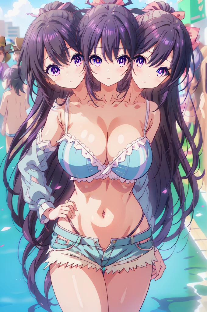 tohkayatogami, tohka yatogami casual, (three heads) (3heads:1.5), (very beautiful eyes:1.5), (very detailed eyes:1.5), smiling, shy smile, open belly, huge breasts, open breasts, adult woman, matured female, three headed girl, long hair, purple hair, alluringly smile, tight crop tops, white top, thin fabric ,mid rifts, long sleeves , U neck, ribbon , (purple eyes:1.1), hair ribbon, ponytail, purple hair, white ribbon, huge breasts, plump butt, shorts, hand on pocket, twerking hips BREAK , BREAK outdoors, city, people, crowd, sky, clouds, sun, blue sky, BREAK looking at viewer, (cowboy shot:1.5), BREAK (masterpiece:1.2), best quality, high resolution, unity 16k wallpaper, highres, (illustration:0.8), (beautiful detailed eyes:1.6), extremely detailed face, perfect lighting, extremely detailed CG, (perfect hands, perfect anatomy),

