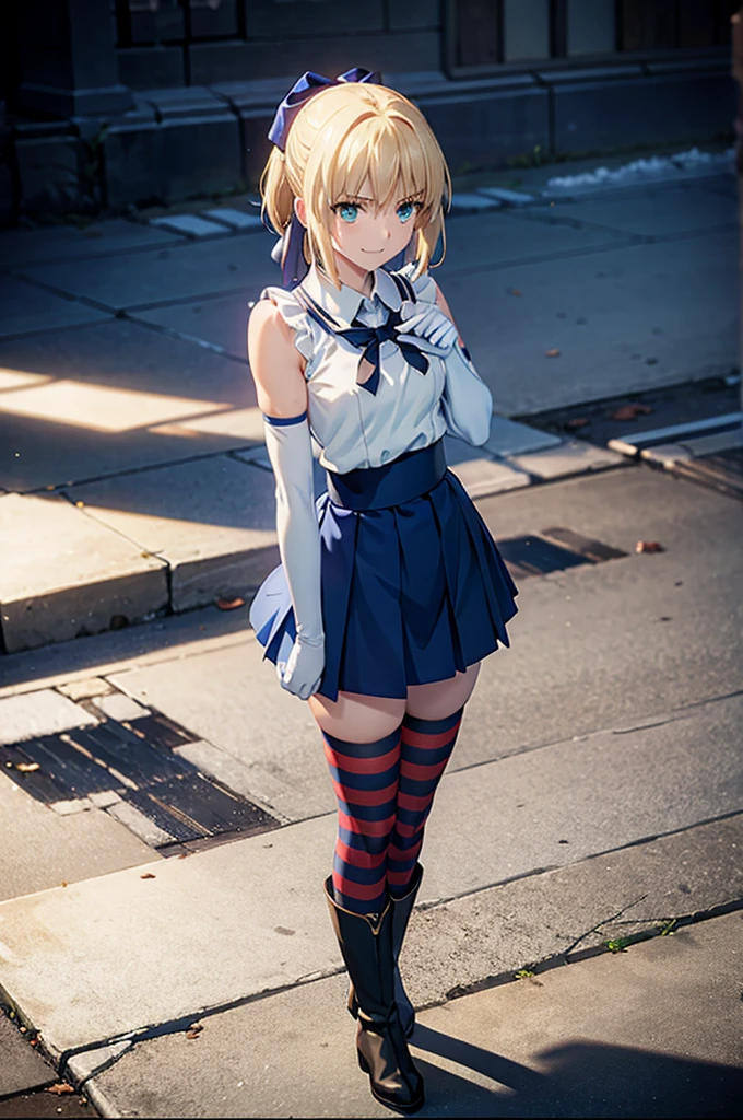 masterpiece, beautiful detail, beautiful light and shadow,Beautiful Anime Woman, Beautiful art style, Anime characters,1girl, ((((solo)))),saber,blonde hair, short hair, hair ribbon,Sexy Hard Body, sailor shirt, red tie,navel,elbow gloves,striped thighhighs,highleg panties,blue pleated skirt,mini skirt,boots, white collar,outdoors,smile break ((dynamic pose)), close-up